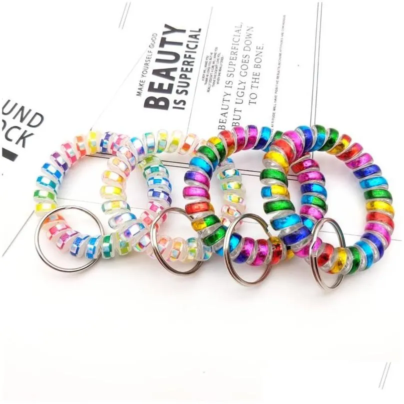 Colorful Spring Spiral Wrist Coil Keychains TPU Stretch Wristband Key Ring for Gym Pool Id Badge Men Women Fashion Keyring Chain