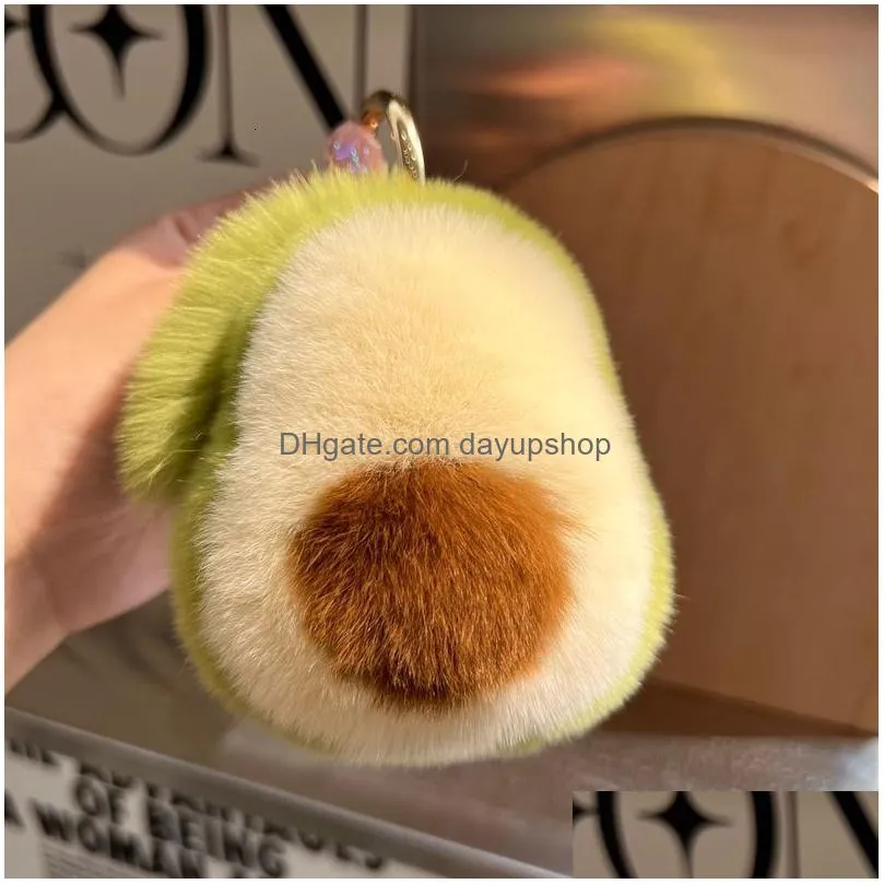 keychains lanyards luxury fluffy mink fur avocado shaped keychains women pompom fruit key ring on bag car key chain jewelry year gift