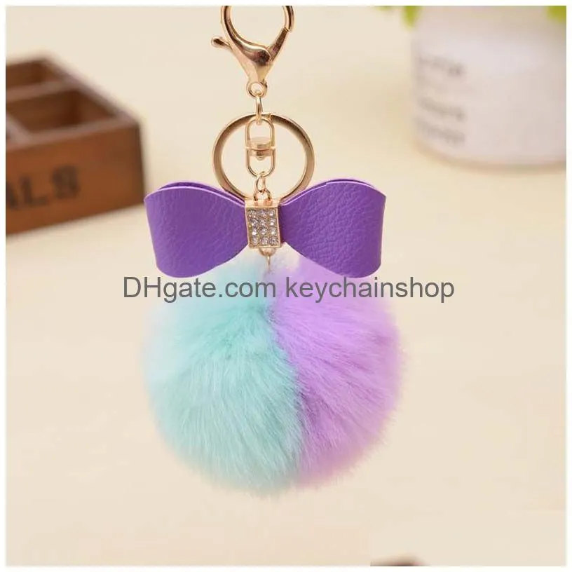fluffy pom pom keychains faux rabbit fur rhinestone key chain rings bow-knot pompom keyring holder women car charm bag gifts