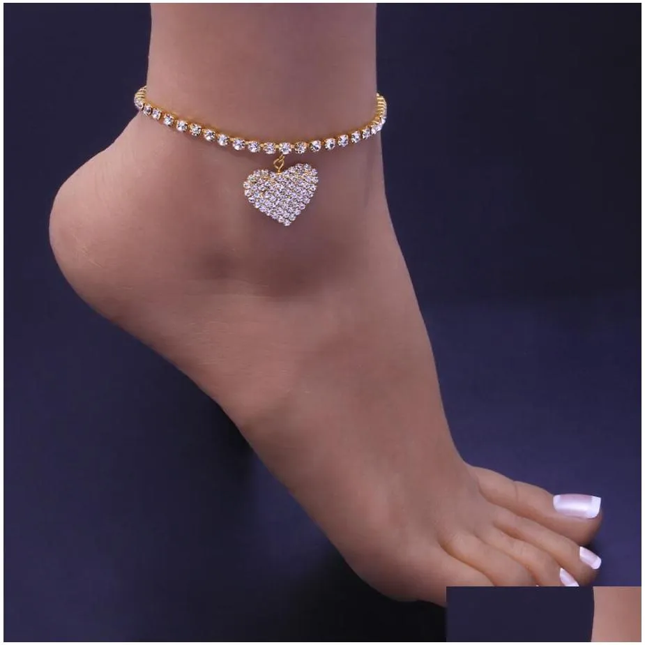 Bohemia Cuban Link Chain Anklet Iced Out Bracelet for Women Men Rhinestone Hip Hop Foot Rock Heart Shaped Anklets