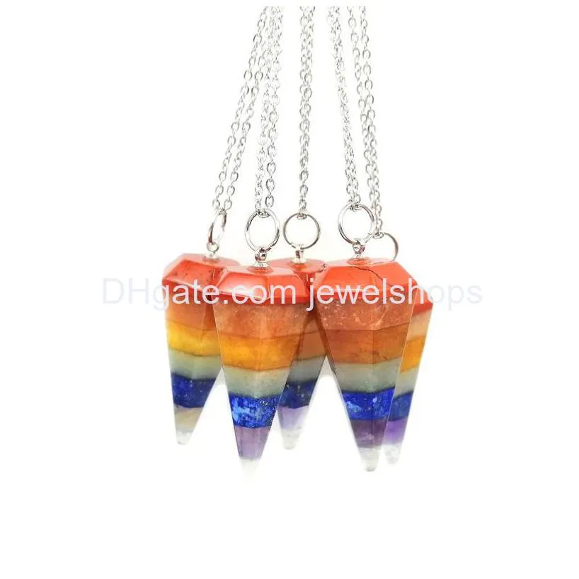 seven chakra hexagonal cone pendant candy color style layered dowsing pendulum gemstone charm with stainless steel chain for yoga