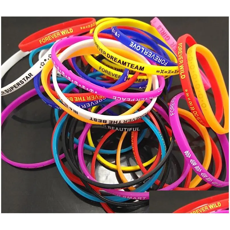 bulk lots 100pcs top design colorful charm forever silicone bracelets rubber sports wristands men women toys bangles birthday xmas