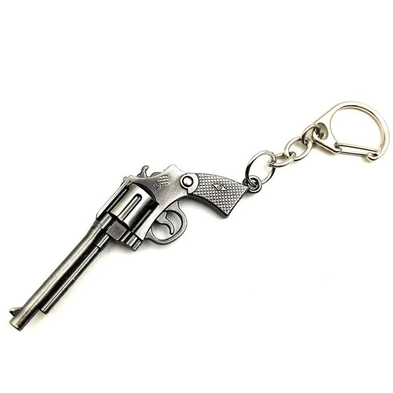 Wholesale 50pcs/Lot Game Gun Model Key Chain Metal Alloy Key Rings Keys Holders Size 6cm Blister Card Package Key Chains