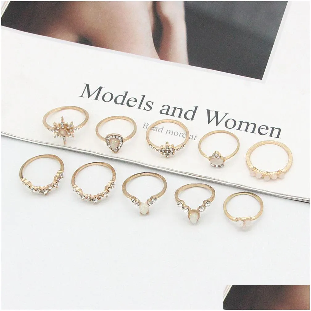 boho vintage gold star knuckle ring for women crystal star crescent geometric female finger rings set jewelry 2022