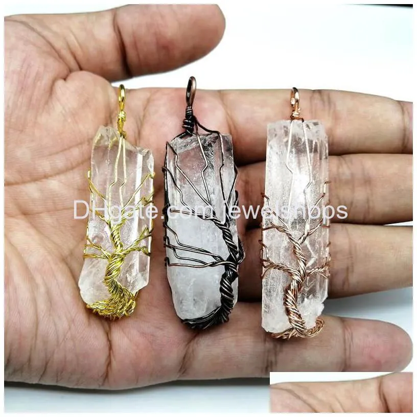 natural crystal life tree pendant gemstone wire wrapped quartz hexagon prism amulet charm with brass chain necklace
