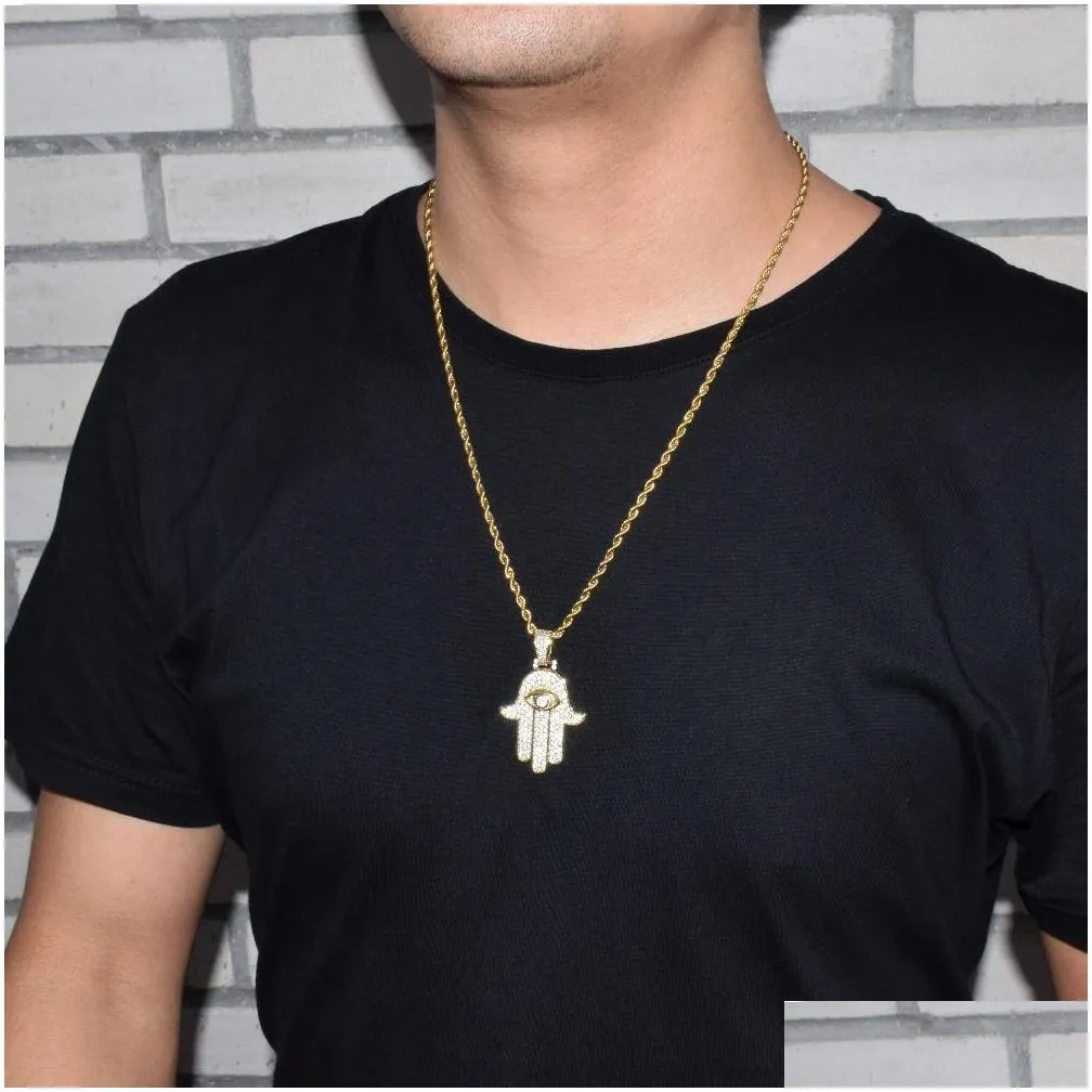 iced zircon hamsa hand pendant copper material gold silver fatima palm necklace hip hop jewelry for men women