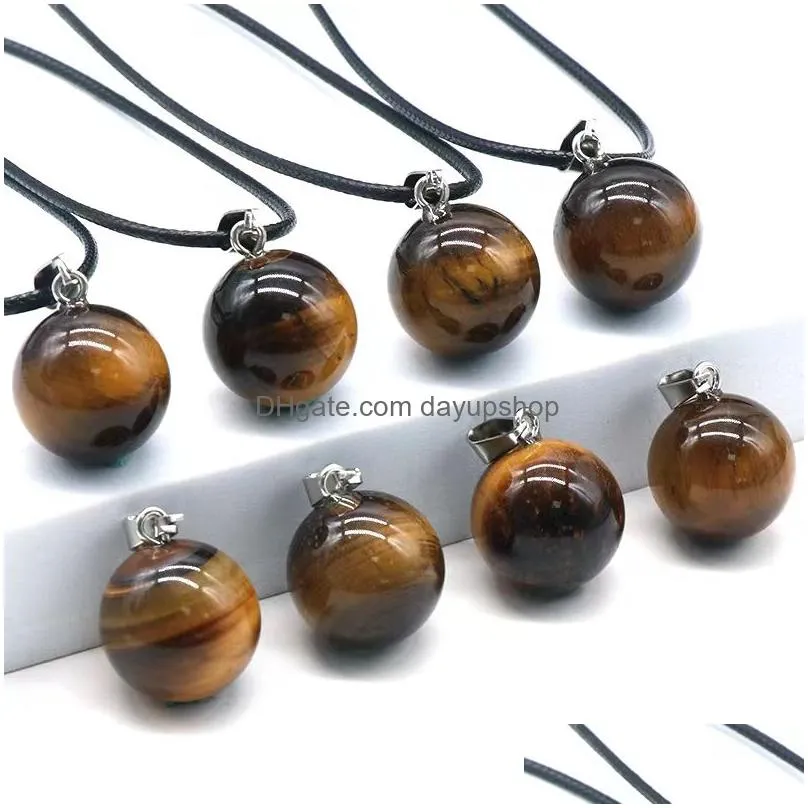 round gemstone pendants necklace natural dangle 14mm ball crystal charms healing chakra stone charm sphere jewelry 45cm black