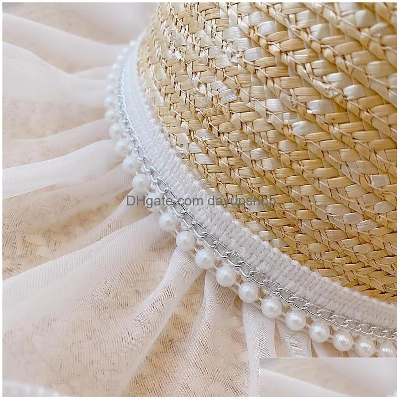 wide brim hats omea wheat straw hat beach summer pearl hemming double layers white gauze lace elegant korean fashion visor luxury cap