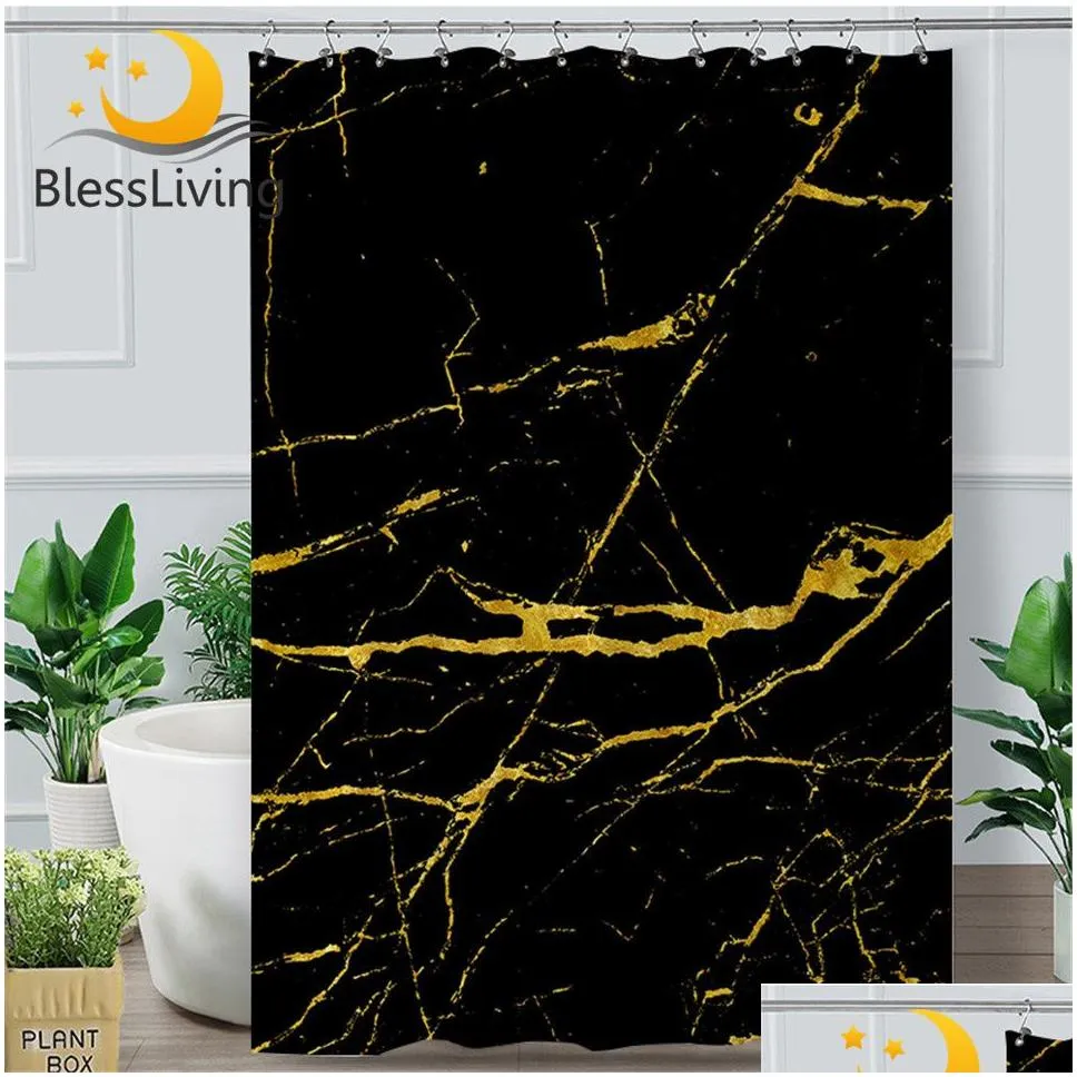 blessliving marble stone shower gold black polyester waterproof bath curtain with hooks trendy abstract bathroom decor 201128