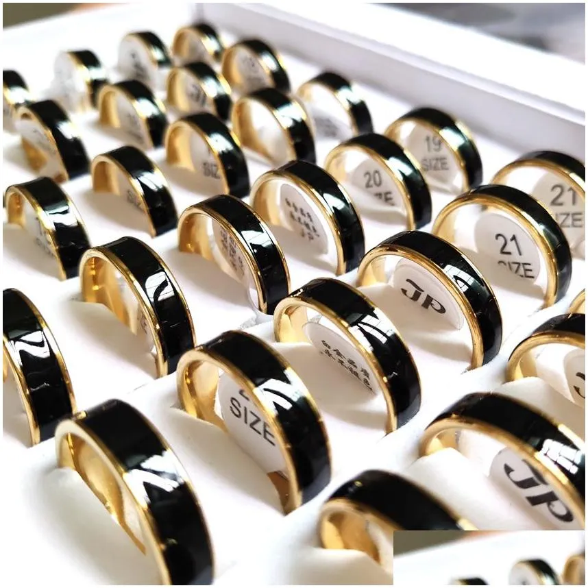 30pcs high polished quality black enamel 6mm stainless steel gold band wedding rings for men & women elegant classic jewelry