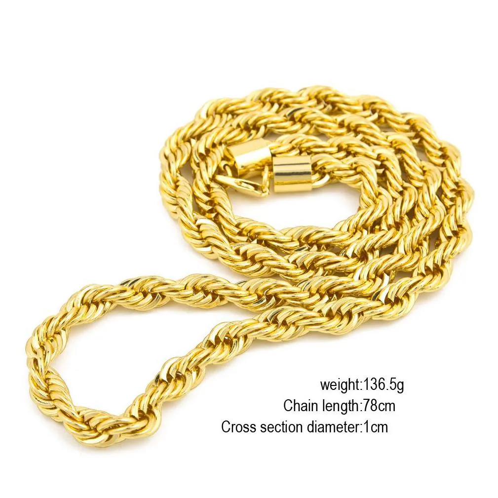 10mm thick 76cm long rope twisted chain 24k gold plated hip hop heavy necklace for mens