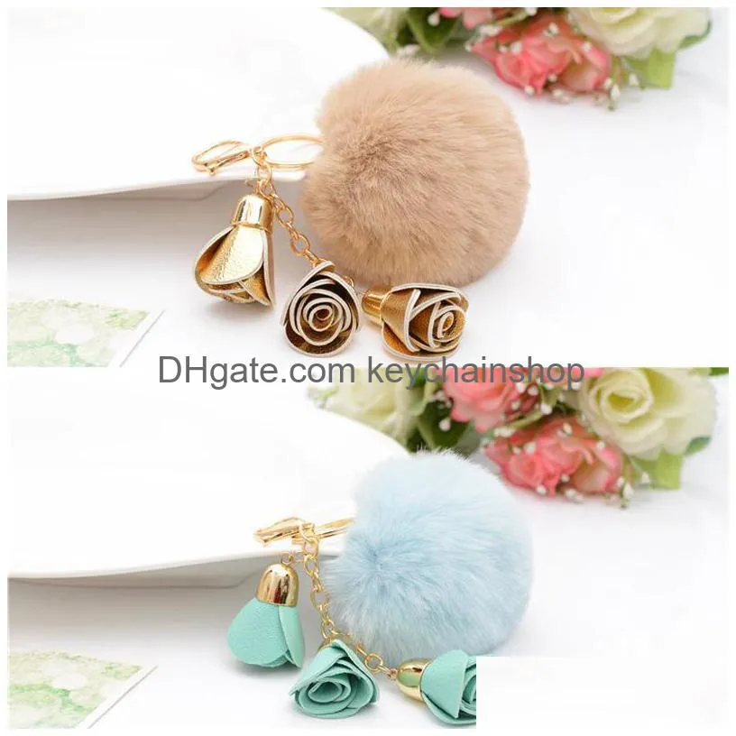 cute pompom car keychain for women men fur ball key ring holder pendant fashion key chain charm bag jewelry gift