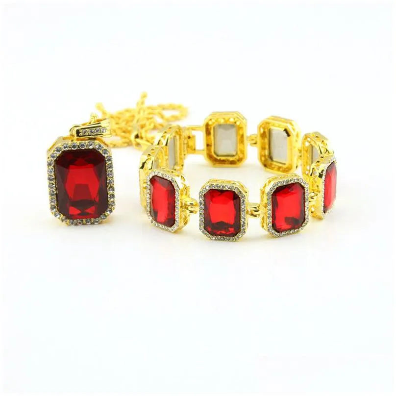 new brand hip hop jewellry set gold blue black red ruby necklace bracelet men bling big size