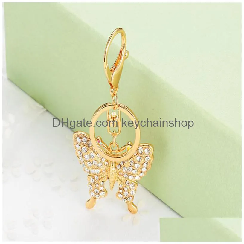 fashion crystal butterfly keychains zinc alloy rhinestone key chain rings women men car bag charm pendant keyring christmas gift