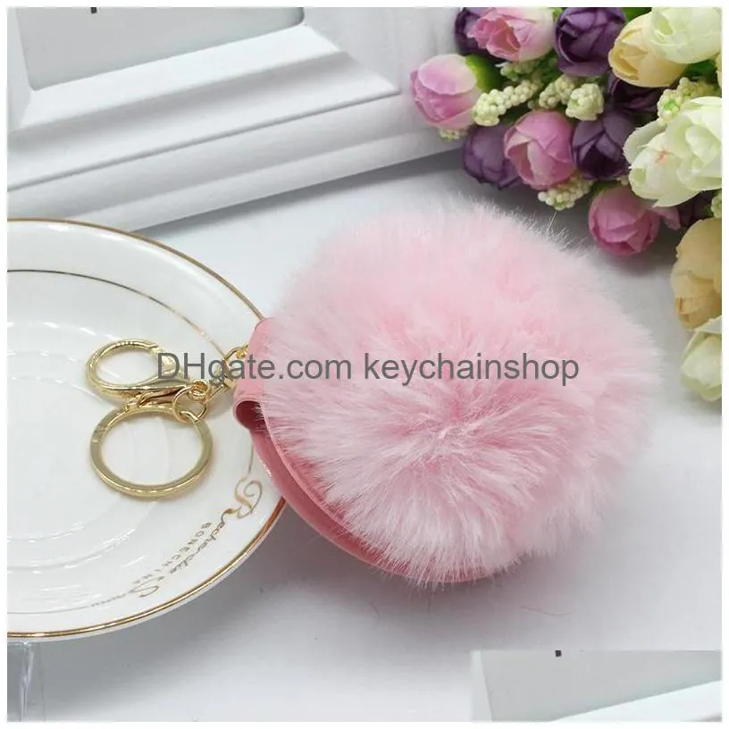 pu round mirror keyring fashion double-sided folding mirror keychain faux fur puff ball key holder pom pom keyring