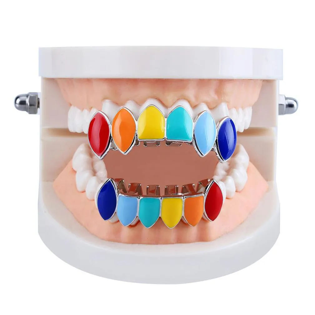 hip hop gold silver rainbow teeth grillz top bottom colorful grills dental mouth cosplay party tooth rapper jewelry gift