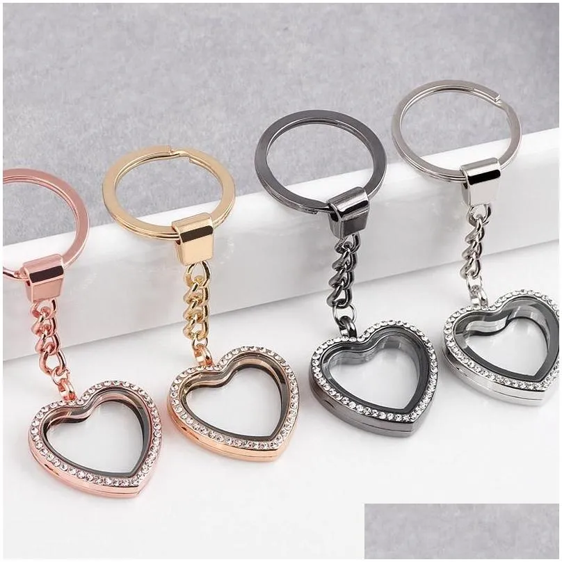 Floating Locket Keychains 30*8mm Full Rhinestone Heart Glass Key Ring Fit Floating Charms Key Chain Fashion Keyring