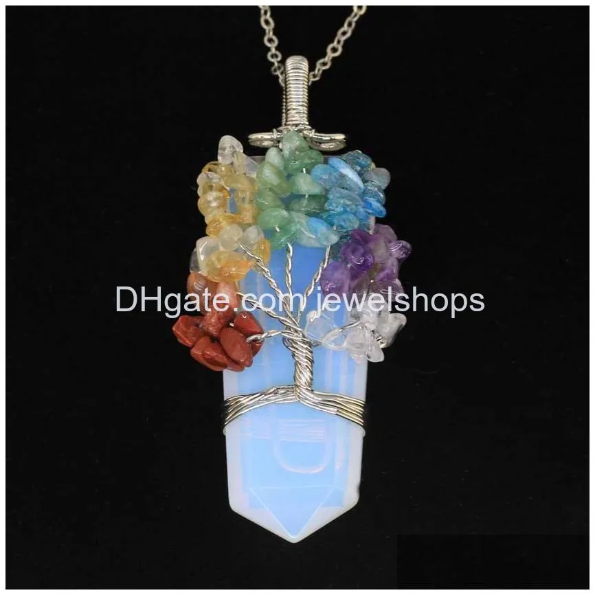 natural quartz life tree pendant plantinum plated chip gemstone wire wrapped crystal sword shape hexagon prism amulet charm with brass chain