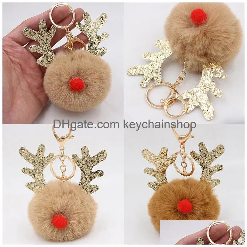 cute plush elk keychains pompom pendant key ring chains car keyring holder charm bag gifts christmas ornaments accessories