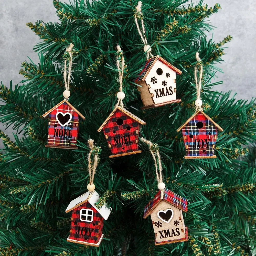 Christmas Decorations Red Wooden House Pendant Small Ornament Christmas Tree Ornaments XD29958
