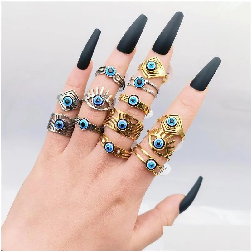 30pcs luxury stainless steel demon eye ring high quality women male party metal punk blue eye rings evil eye