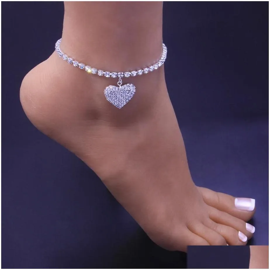 Bohemia Cuban Link Chain Anklet Iced Out Bracelet for Women Men Rhinestone Hip Hop Foot Rock Heart Shaped Anklets