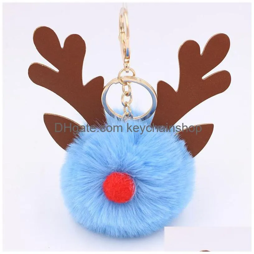 cute plush elk keychain pompom pendant key ring chains car keyring holder charm bag gifts christmas tree decoration