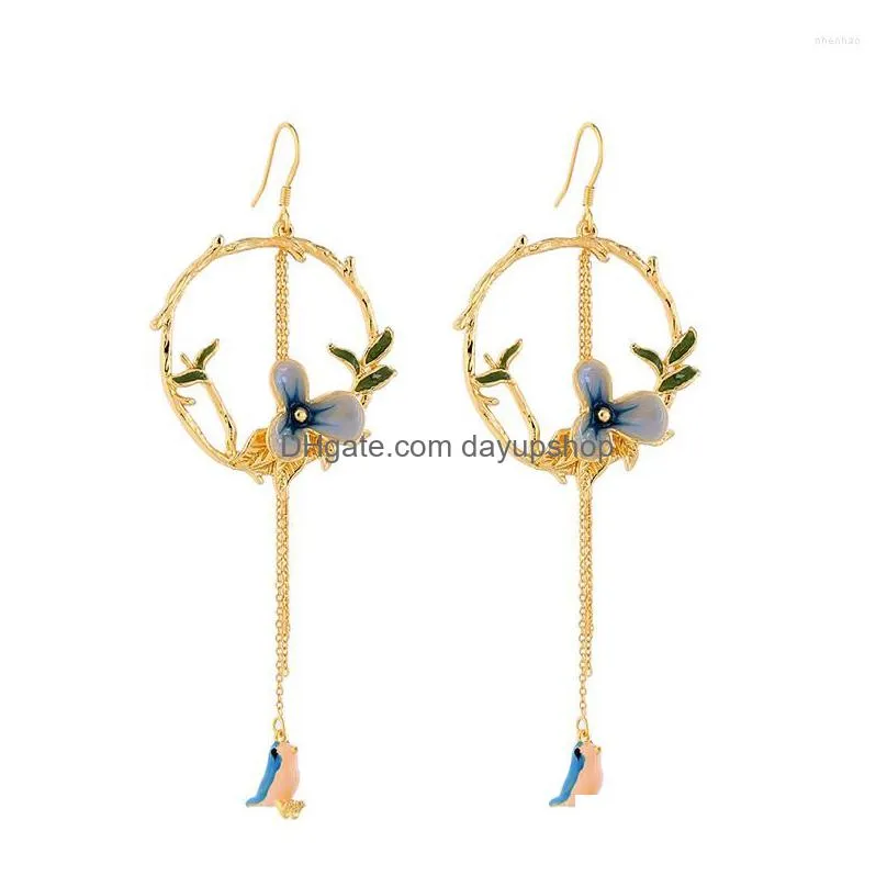 dangle earrings uer me0049 2023 gold color copper enamel bird stereo tree branch flowers pendant drop