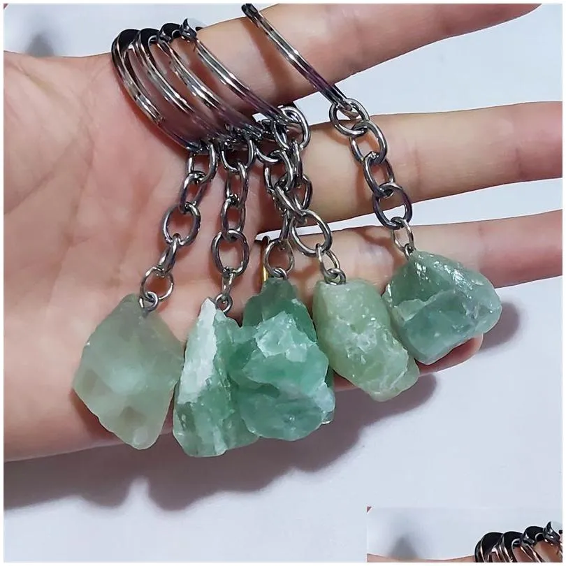 natural raw mineral stone pendant keychain green fluorite crystal key rings wholesale