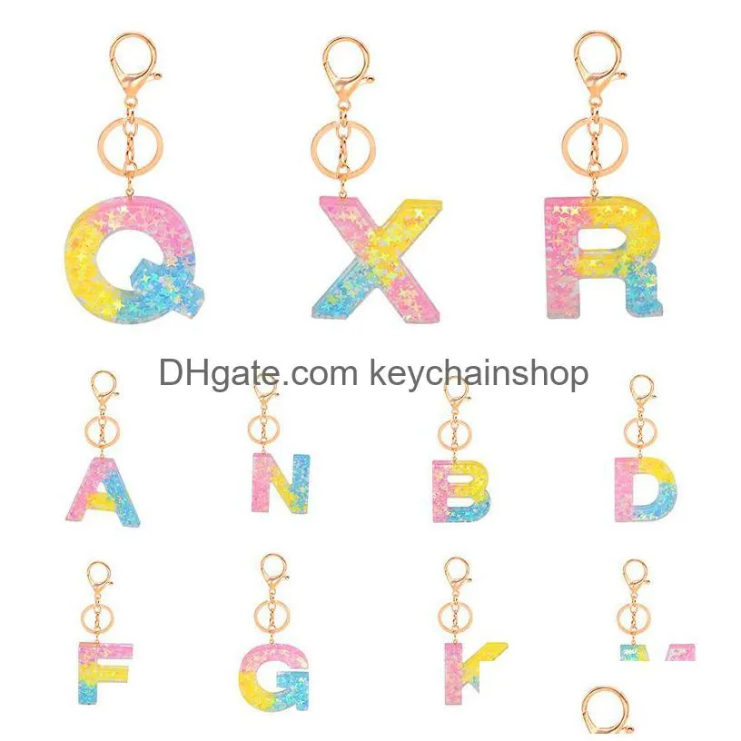 rainbow gradient star sequins keychains letter name a-z keyrings acrylic resin pendant key chain holder bag car charms jewelry