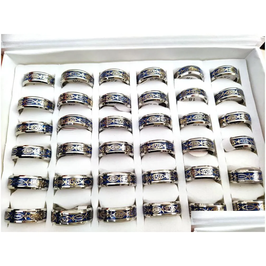 bulk lots 50pcs/lot top mix jesus letter 316l stainless steel ring for religious fish men women wedding jewelry male female fashion