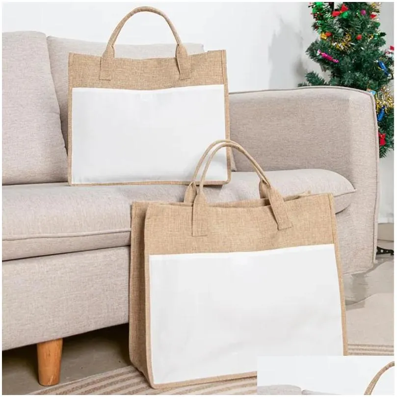 usa local warehouse sublimation jute tote bags with handles reusable linen grocery shopping bag blank burlap storage bag for woman diy decoration 43x35cm