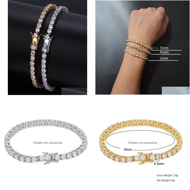 5mm 4mm 3mm iced out diamond tennis bracelet zirconia triple lock hiphop jewelry 1 row cubic mens bracelets2762155