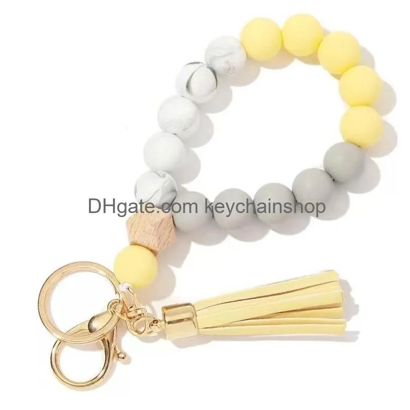 9 colors silicone leopard keychain for key rings tassel wood beads bracelet keyring women accessories