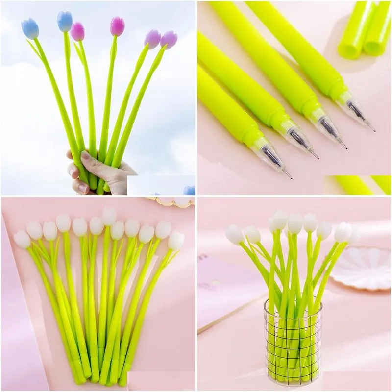 wholesale 20 pcs creative tulip silicone flower gel pen small  cute student examination sign pen stationary pens 210330