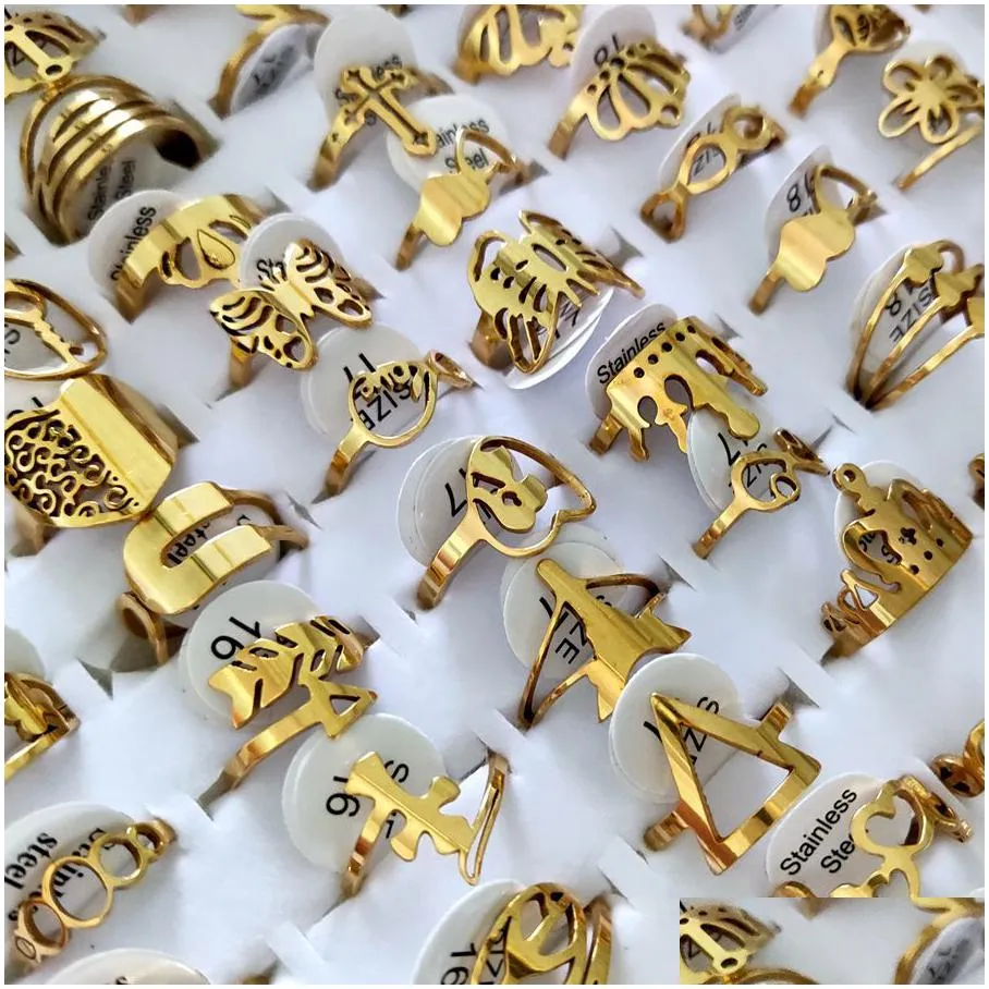 100pcs/lot laser cutting rings for women styles mix gold stainless steel charm ring girls birthday party favor female beautiful jewelry wholeale