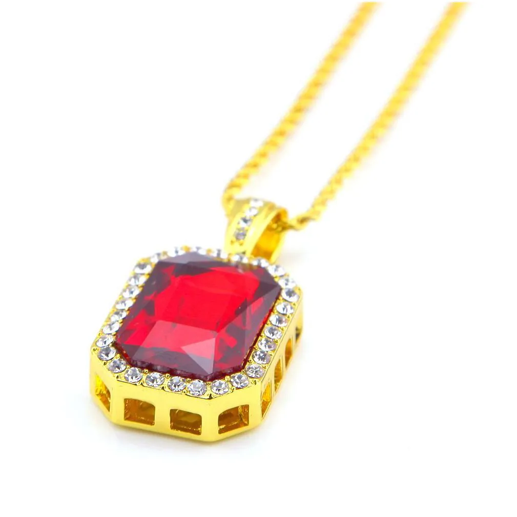 2pcs ruby necklace jewelry set silver gold plated iced out square red pendant hip hop box chain