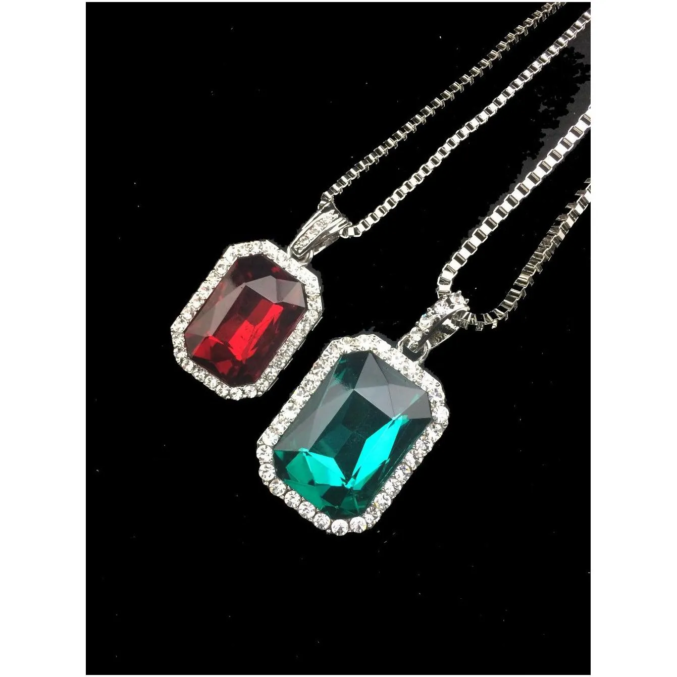 square iced out hip hop jewelry lab diamond pendant necklace set silver stone rapper with chain