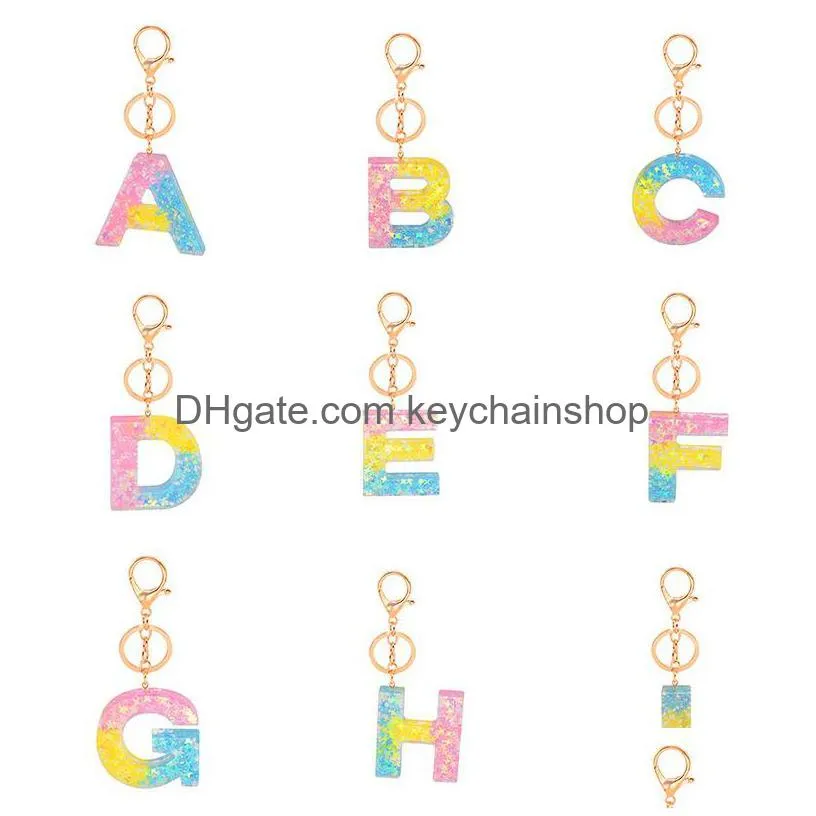 rainbow gradient star sequins keychains letter name a-z keyrings acrylic resin pendant key chain holder bag car charms jewelry