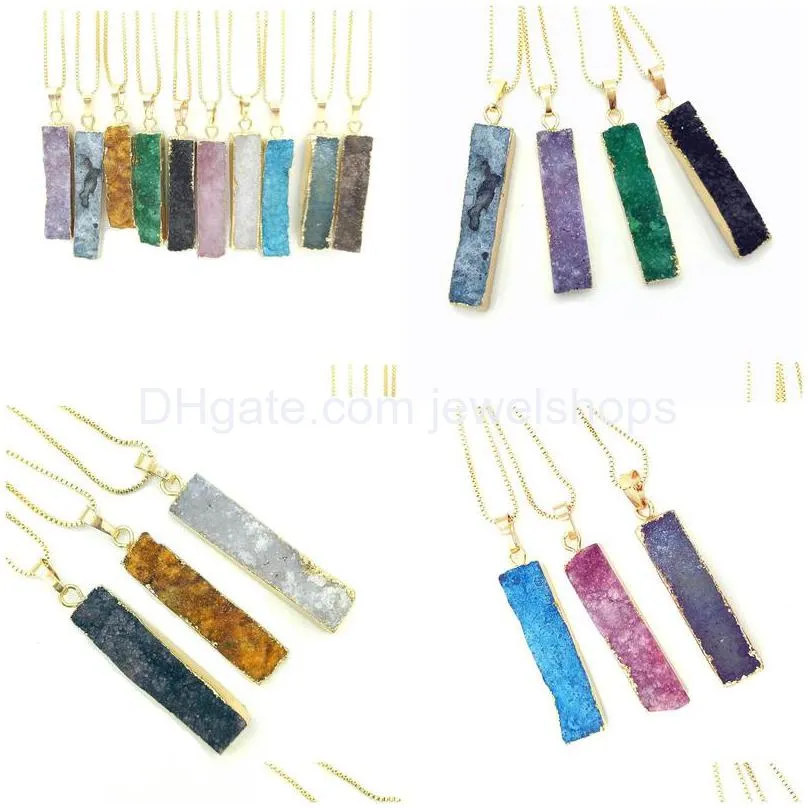 druzy agate long bar rectangle pendant geode quartz stone pendants with brass chain jewelry for men women