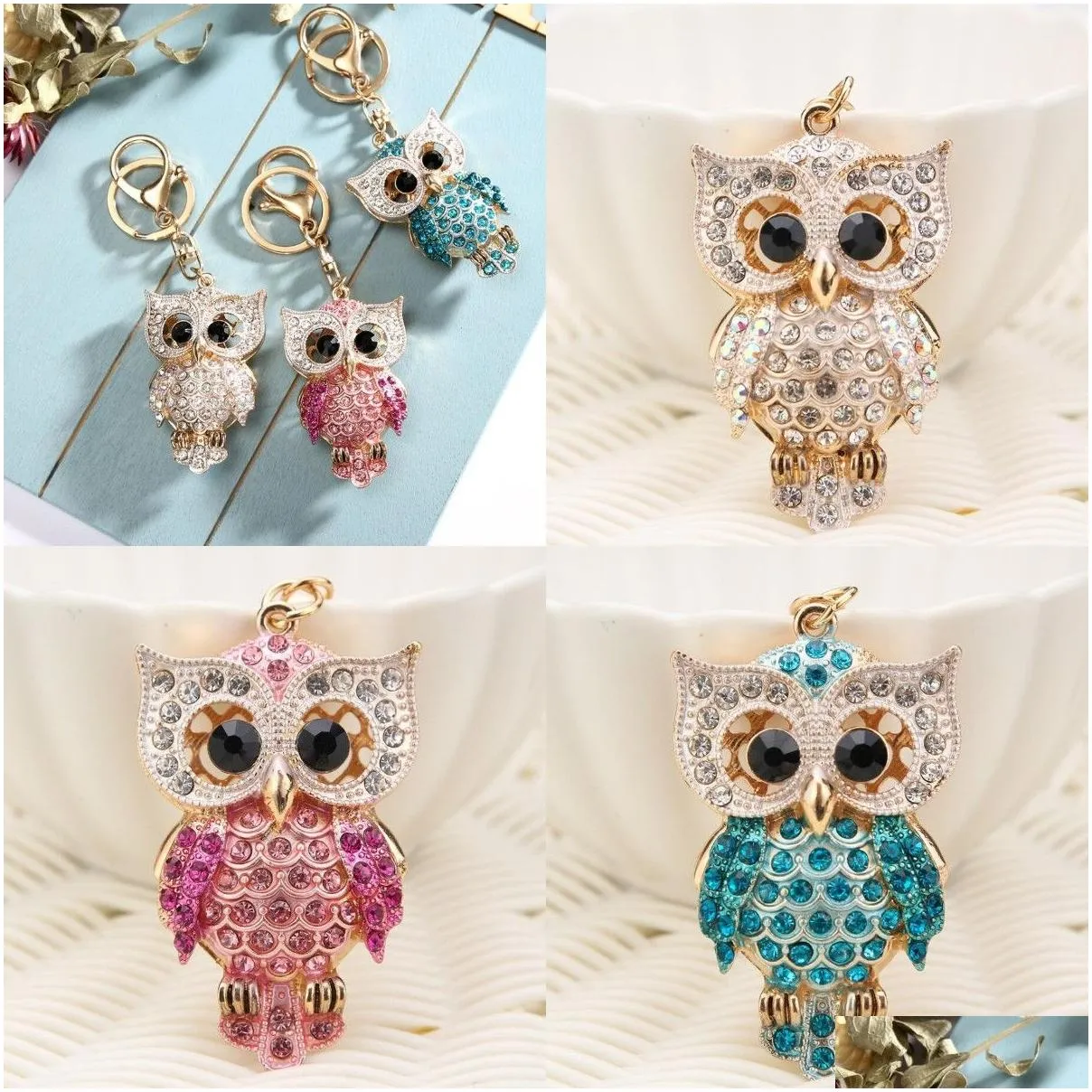 Fashion Crystal Keychain Pendant 3D Diamond Rhinestones Drill Owl Animal Keychain Keyring Woman Bags Decoration Gift