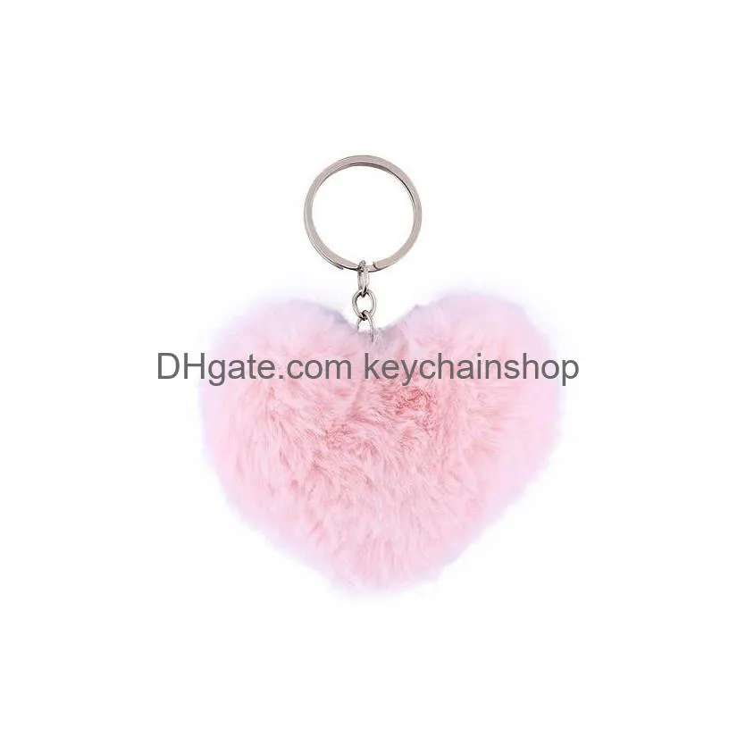 pompom love heart key rings soft faux rabbit fur ball keychains fluffy car keyrings pendants jewelry valentines gift