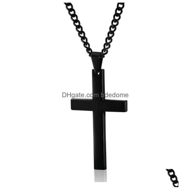 simple christian cross pendant necklaces for men religious jewelry stainless steel smooth surface crucifix sautoir trend women