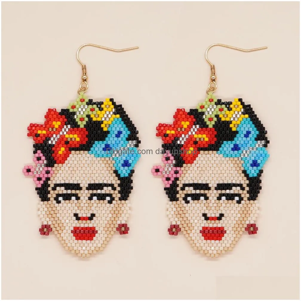 dangle chandelier rice bead earrings hand knitting fashion head portrait beading simple bohemia geometry retro ma`am fringe earrings