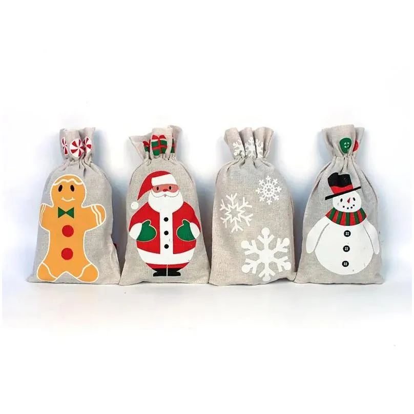 christmas linen drawstring gifts bag santa clause snowflake snowman xmas burlap storage pouch xmas birthday party candy bag