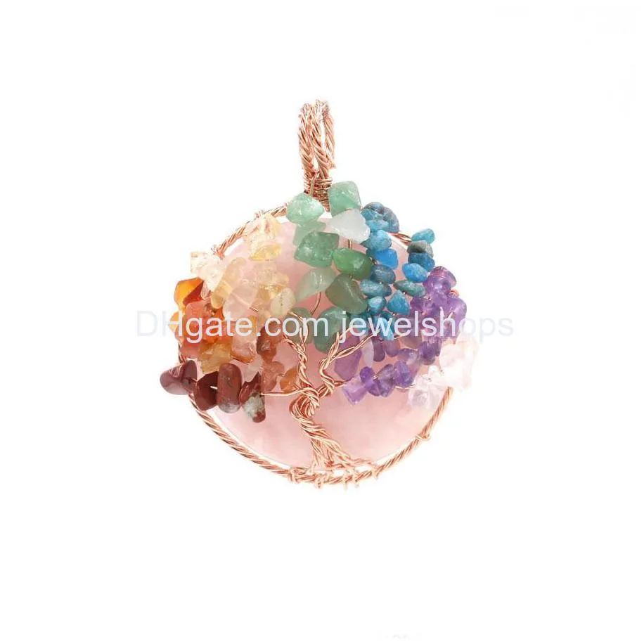 gemstone round cabochon life tree pendant chip stone wire wrapped quartz seven chakra t charm with brass chain necklace