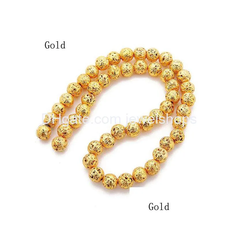 plated lava volcanics loose beads gold/silver/rose gold/kc gold plated round stone loose beads energy stone diy jewelry