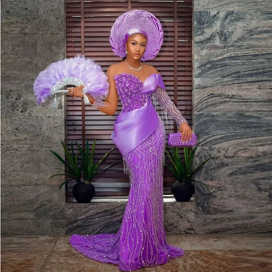 Luxury Beading Aso Ebi Style Prom Dresses Mermaid Long Purple Sequins Evening Dress Nigerian African Women Formal Party Gowns