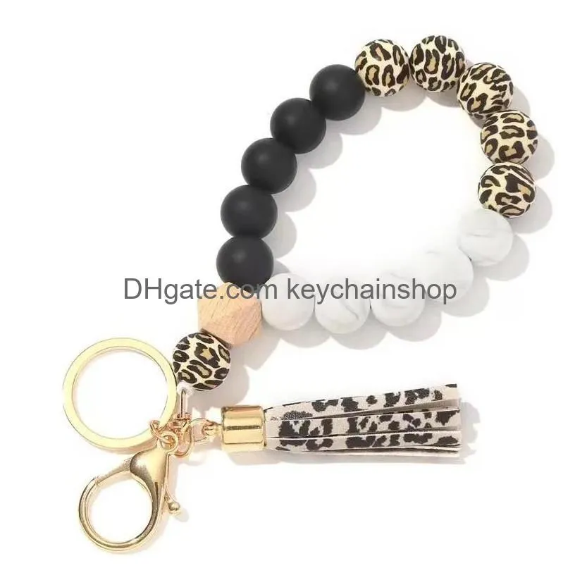 9 colors silicone leopard keychain for key rings tassel wood beads bracelet keyring women accessories