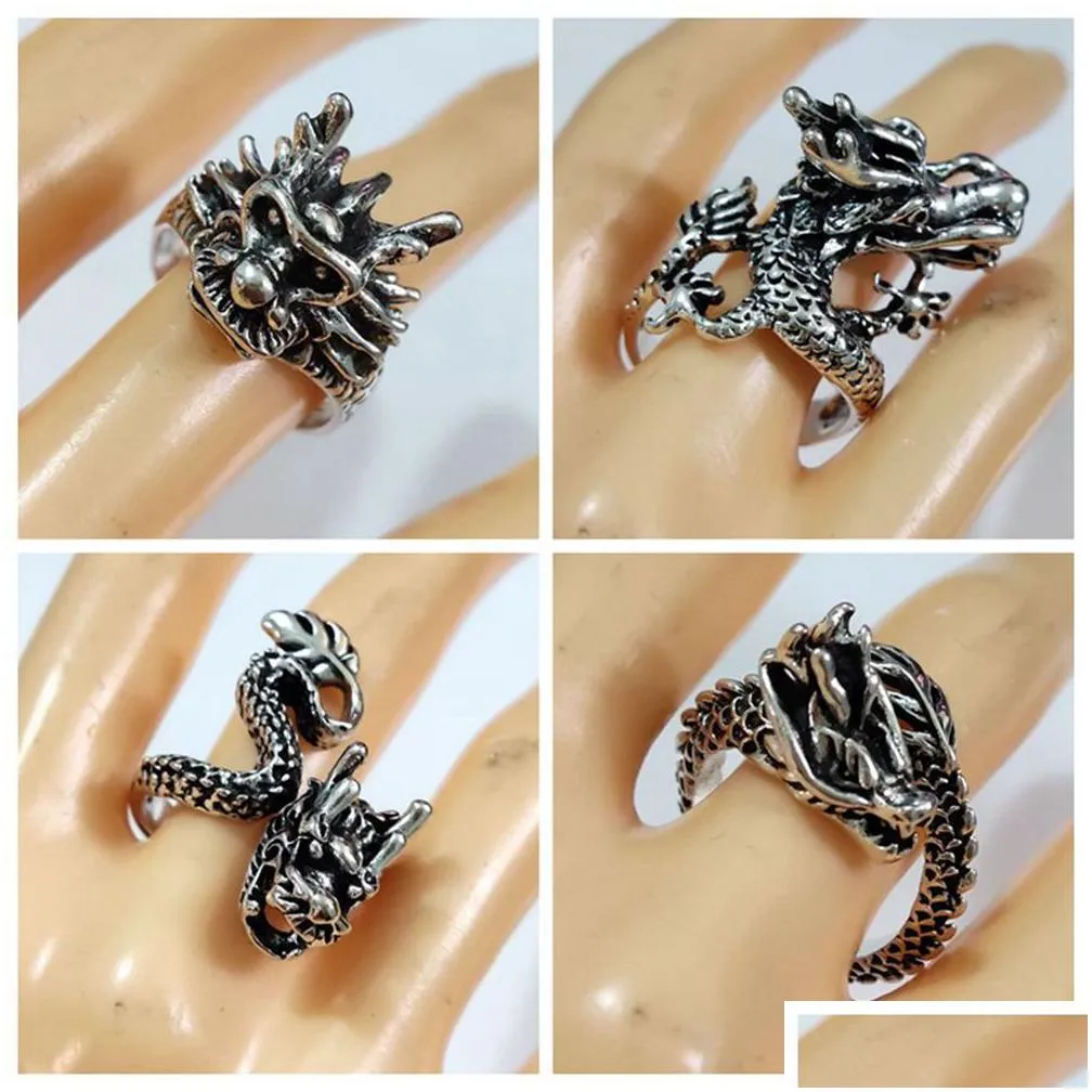 wholesale lots 20pcs retro dragon ring mens trendy domineering exaggerated metal alloy rings punk biker vintage ring for women top style mix animal party